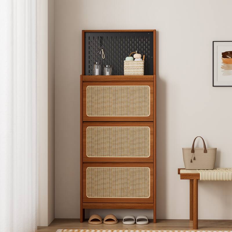 Rattan Shoe Storage Cabinet, Freestanding Shoe Rack Organizer, Hidden Narrow Shoe Cabinet with 3 Flip Drawers & Black Pegboard - Walnut