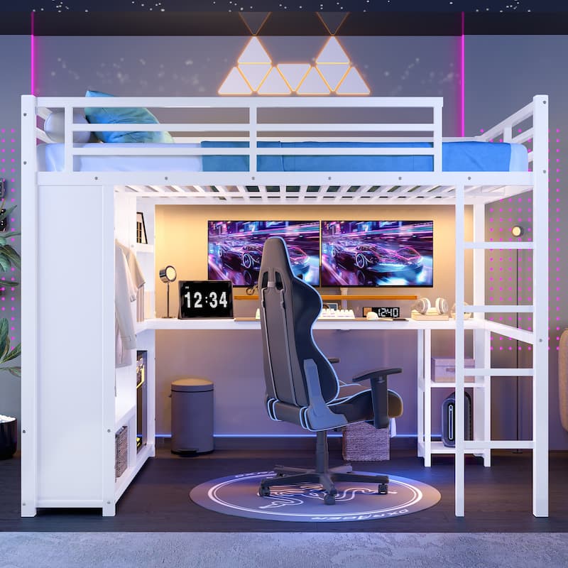 Off White Queen Loft Bed with Built-in Wardrobe, Desk, and Storage Shelves, Space-Saving Design - Off White - Queen