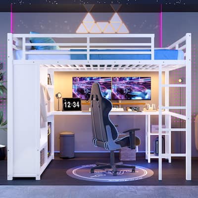 Off White Queen Loft Bed with Built-in Wardrobe, Desk, and Storage Shelves, Space-Saving Design