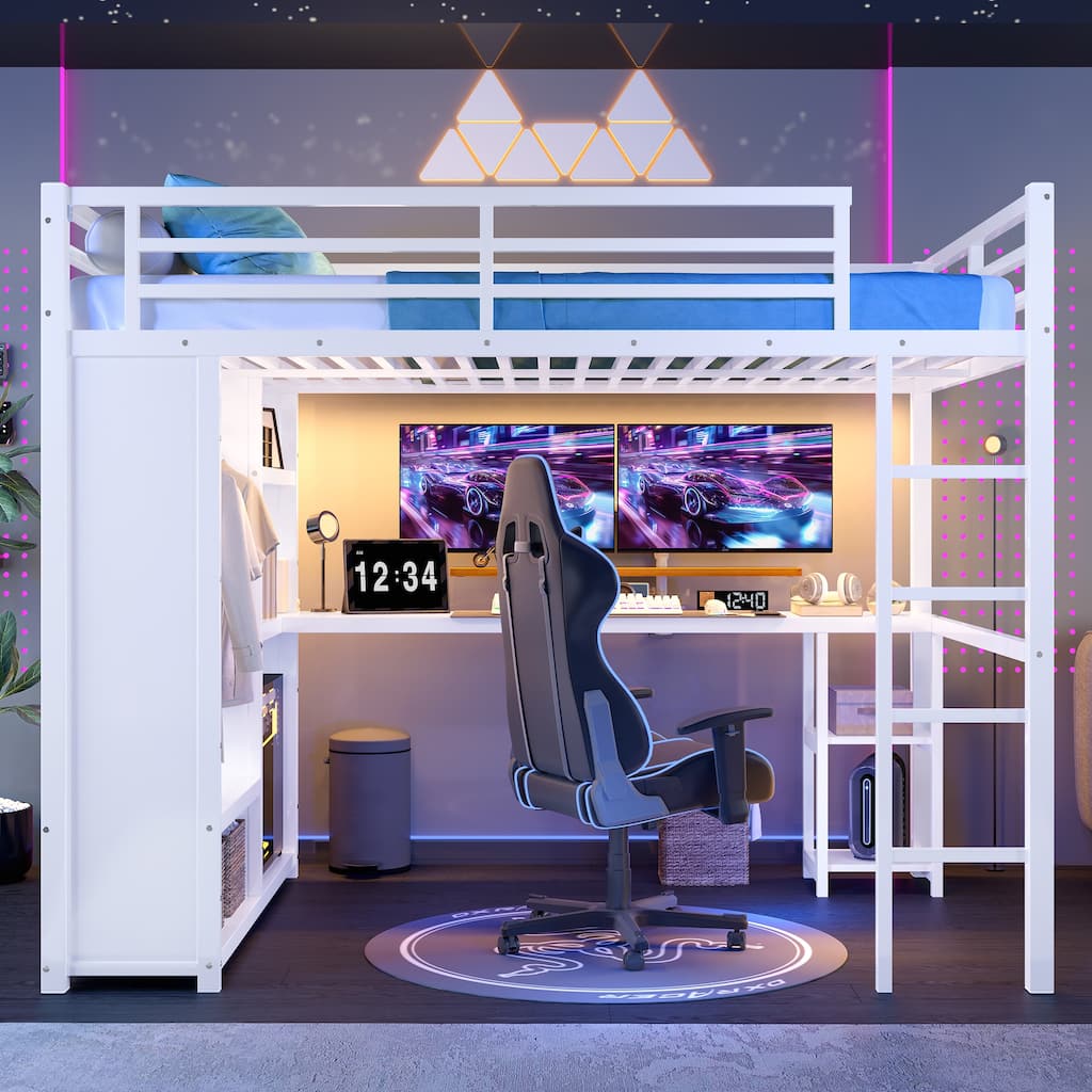 Off White Queen Loft Bed with Built-in Wardrobe, Desk, and Storage Shelves, Space-Saving Design