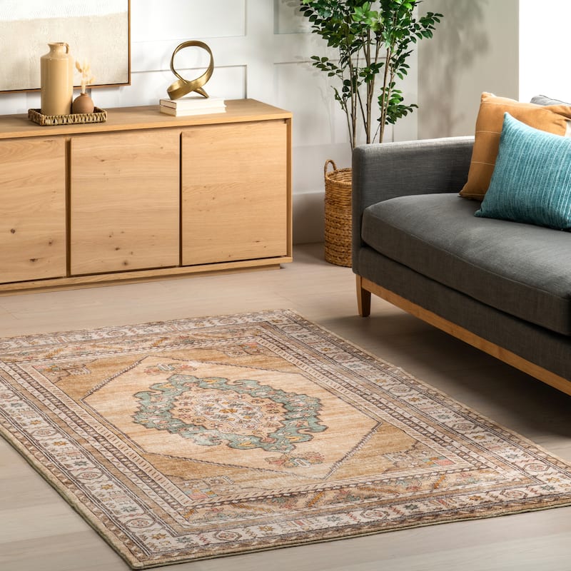 Nuloom Hollyn Vintage Medallion Machine Washable Area Rug - 4' x 6' - Light Brown - Rectangle