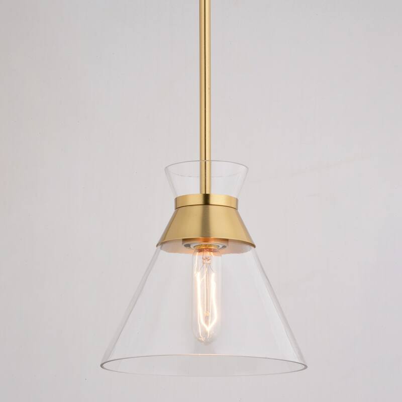 VAXCEL Harper 1-Light 8.5 in. Wide Natural Brass Gold Mid-Century Modern Mini Pendant with Clear Glass Cone Shade