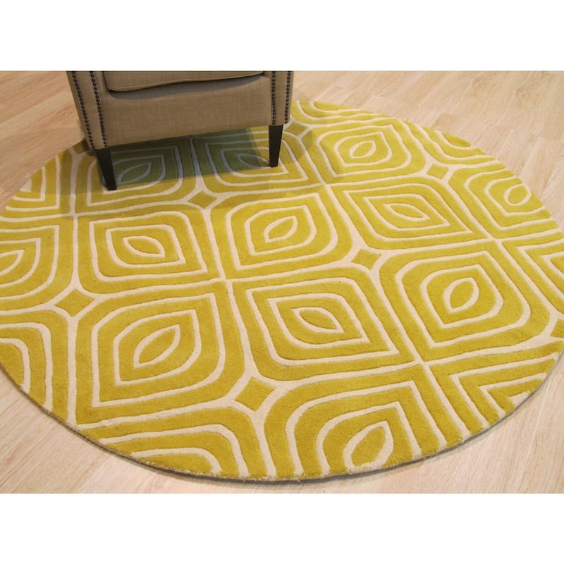 Hand-Tufted Yellow Wool Round Rug, 7'9 - Modern geometric wool rug with soft texture and vibrant design. - N/A