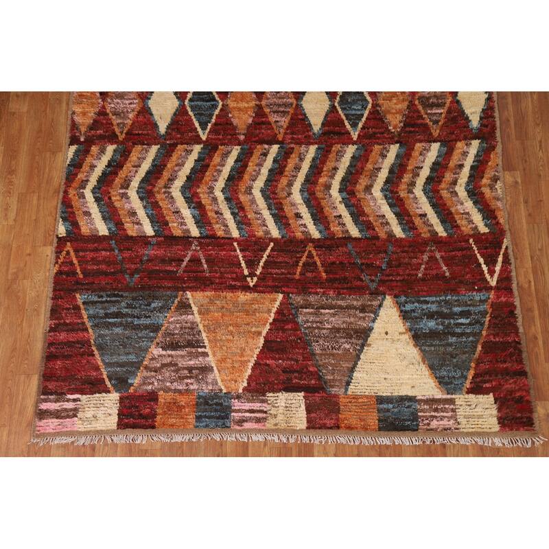 Hand Knotted Oriental 100% Wool Carpet Modern Tribal Red Moroccan Area Rug - 9' 11'' X 6' 4''
