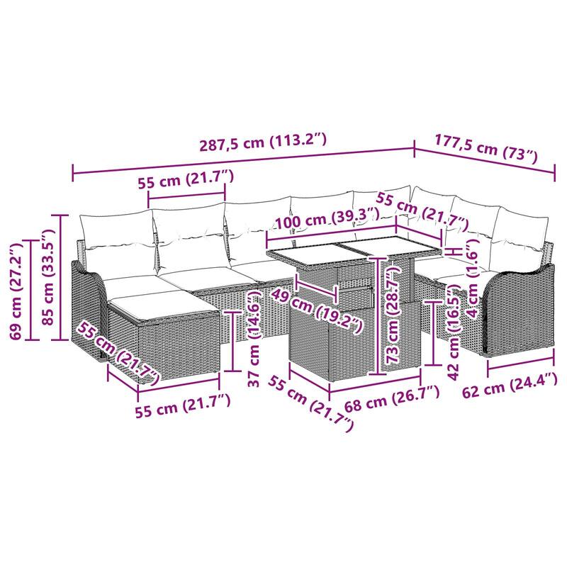 vidaXL 9 Garden Sofa Set with Cushions Black/Brown/Grey Poly Rattan - 113.2 x 73 x 27.2