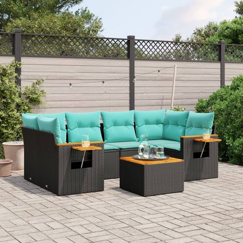 vidaXL 7 Piece Patio Sofa Set with Cushions Black Poly Rattan (US only) - 24.4 x 24.4 x 27.2
