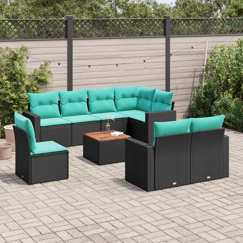 vidaXL 9 Piece Patio Sofa Set with Cushions Black Poly Rattan - 24.4 x 24.4 x 27.2-corner + Table + 3x middle