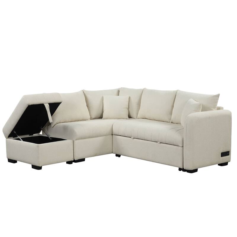 82.6" Polyester L-Shape Sectional Pull-Out Sofa Bed with Storage Ottoman, USB Ports and Power Sockets