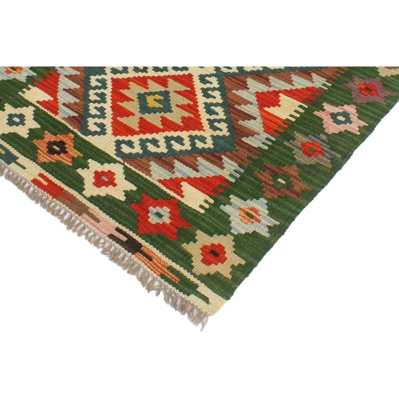 Bohemian Turkish Kilim Hiedi Rust Green Hand-Woven Wool Rug - 2'0'' x 2'11''