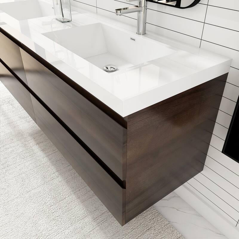 MDF Wall-Mounted Bathroom Vanity Set in Grey Oak with Integrated Culture Marble Sink