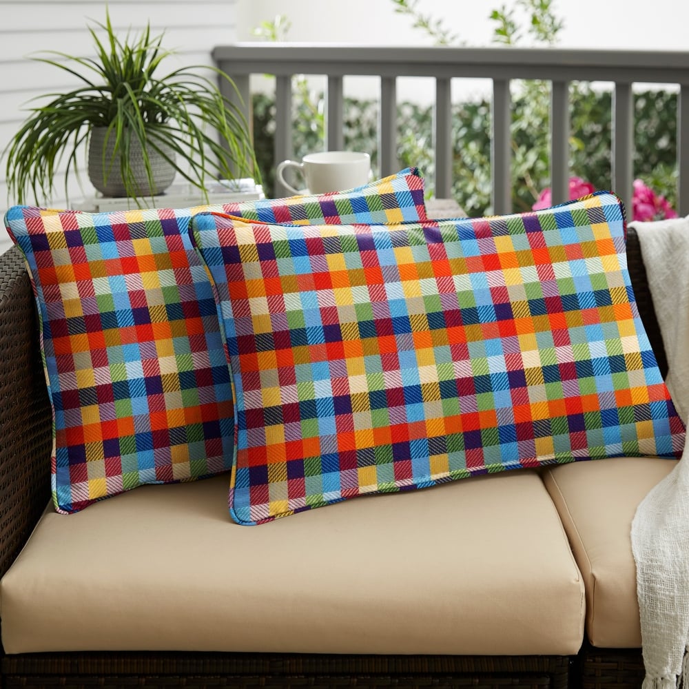 Sorra Home Sunbrella Multi-Colored Check Indoor/Outdoor Corded Lumbar Pillows (Set of 2)