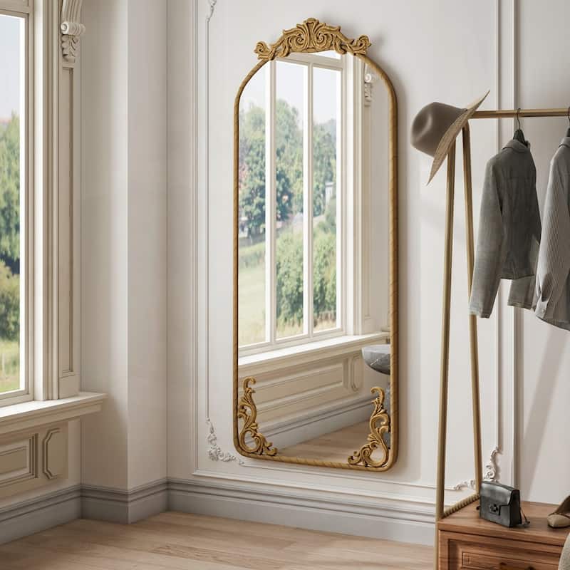 Arched Full Body Mirror with Vintage Ornate Carved Applique on Top and Bottom - 58"x24" - Bronze