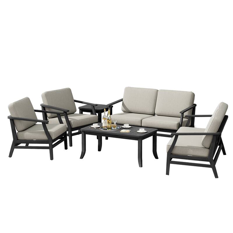 6-Seat Outdoor Teak Wood Patio Conversation Set with Cushions Tables