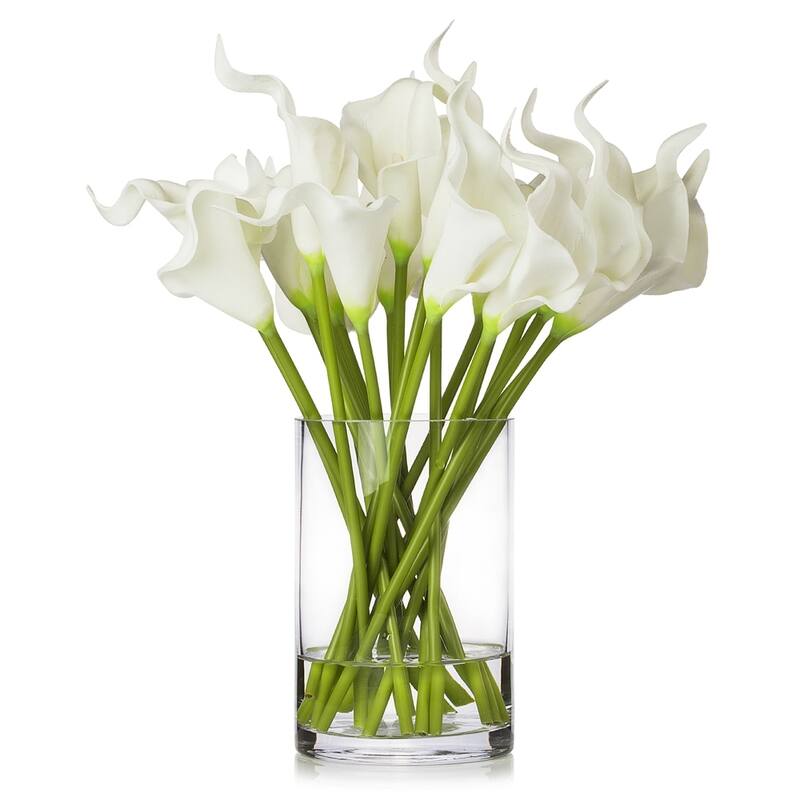 Enova Home Artificial 20 Pieces Real Touch Lilies Fake Silk Flowers Arrangement in Glass Vase with Faux Water for Home Decor - White