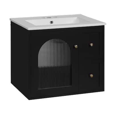 24" Wall-Mounted Bathroom Vanity with Ceramic Sink - Space-Saving Design, 2 Drawers and Soft-Close Door