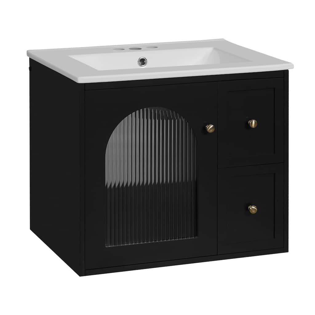 24" Wall-Mounted Bathroom Vanity with Ceramic Sink - Space-Saving Design, 2 Drawers and Soft-Close Door