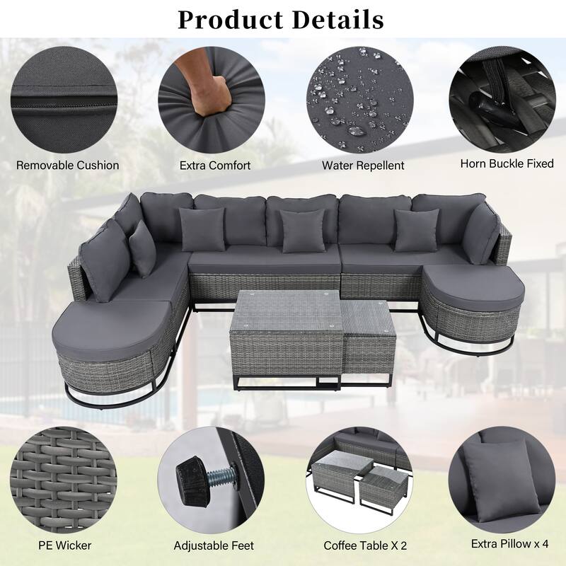 7-Piece Outdoor Wicker Sectional Sofa Set, All-Weather Patio Rattan Furniture Set with Coffee Table and Pillows