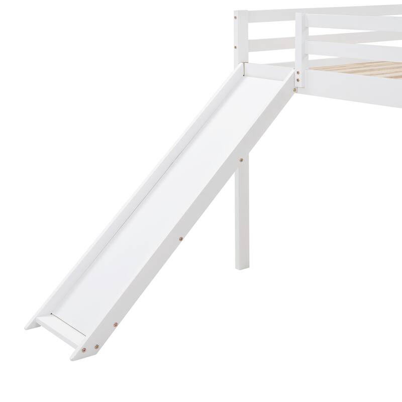 Minimalistic Wood Full Size Loft Bed with Ladder, Slide and Guardrails