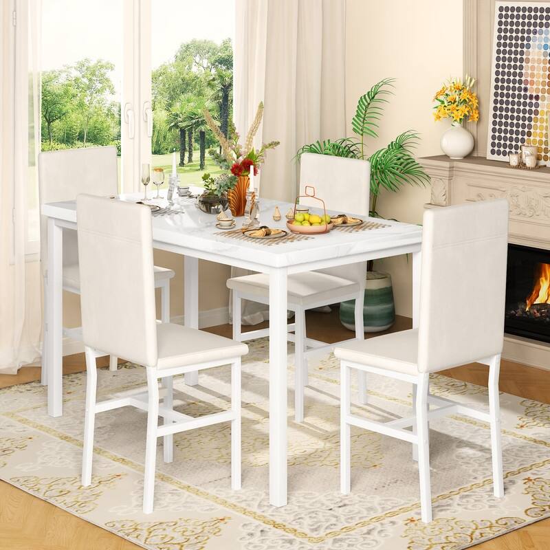 Grondin Modern Contemporary 5 Pieces Dining Table Set with Faux Marble Top and 4 PU Leather Upholstered Chairs