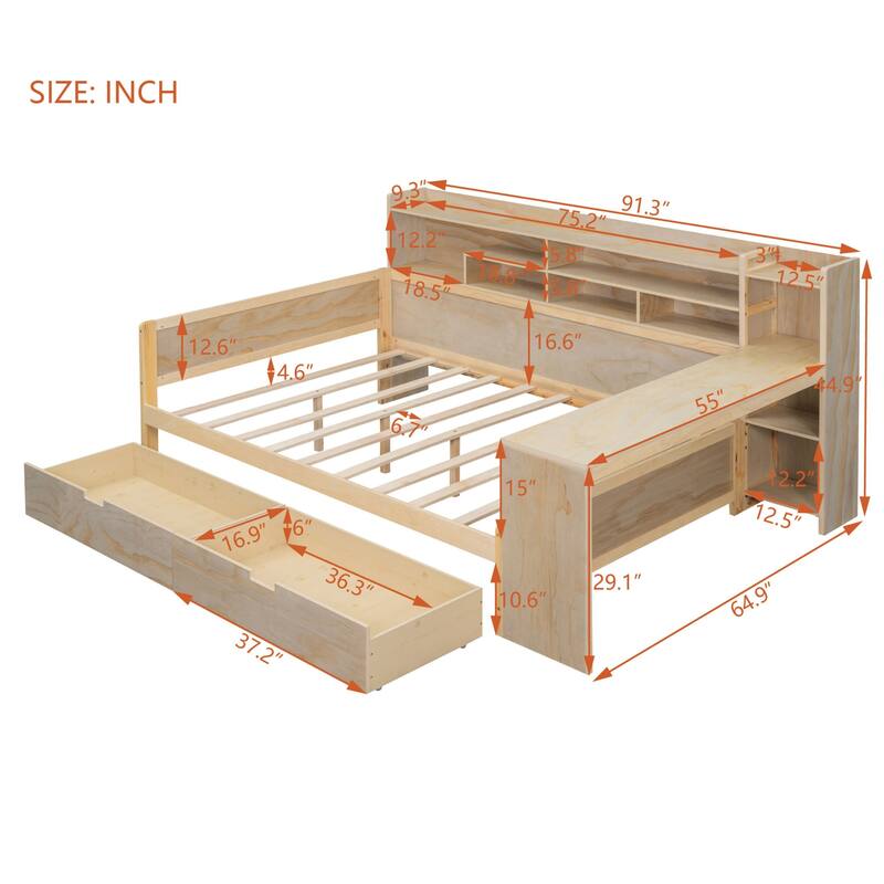 Wooden sofa bed with two storage drawers and desk