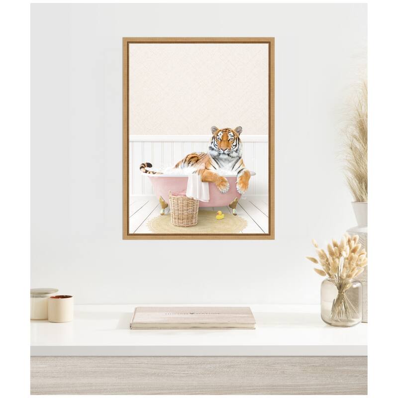 Kate and Laurel Sylvie Tiger in Cottage Pink Bath Framed Canvas by Amy Peterson