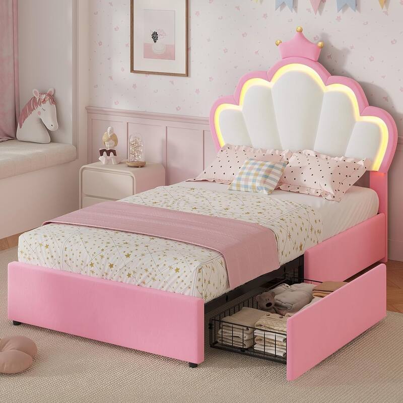 Bed Frame LED Lights Girls Bed Princess Crown Velvet Upholstered Platform Bed - Beige & Pink-4 Drawers - Twin