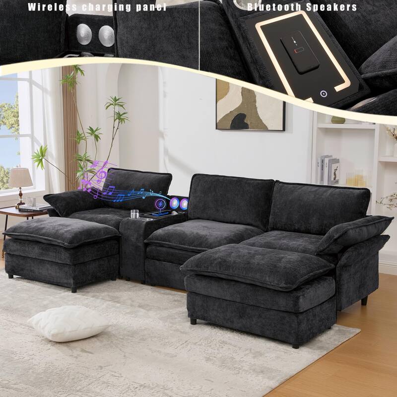 Modular Sectional Sofa, U Shaped Couch with 2 Ottomans, Storage Console & Wireless Charging, 2 Cup Holders, Bluetooth Speakers