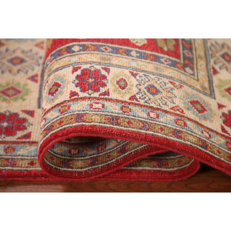 Red Geometric Kazak Accent Rug Handmade Oriental Wool Carpet - 2'11"x 4'3"
