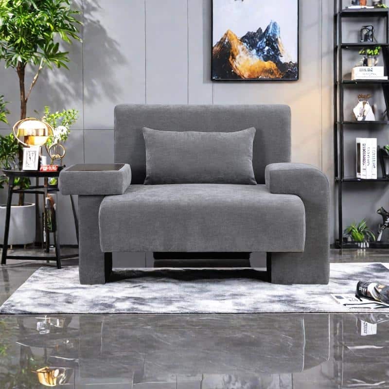 Polyester Oversized Armchair with Storage Asymmetrical Armrest and Modern Mid-Century Chair, 225lb Capacity - Gray