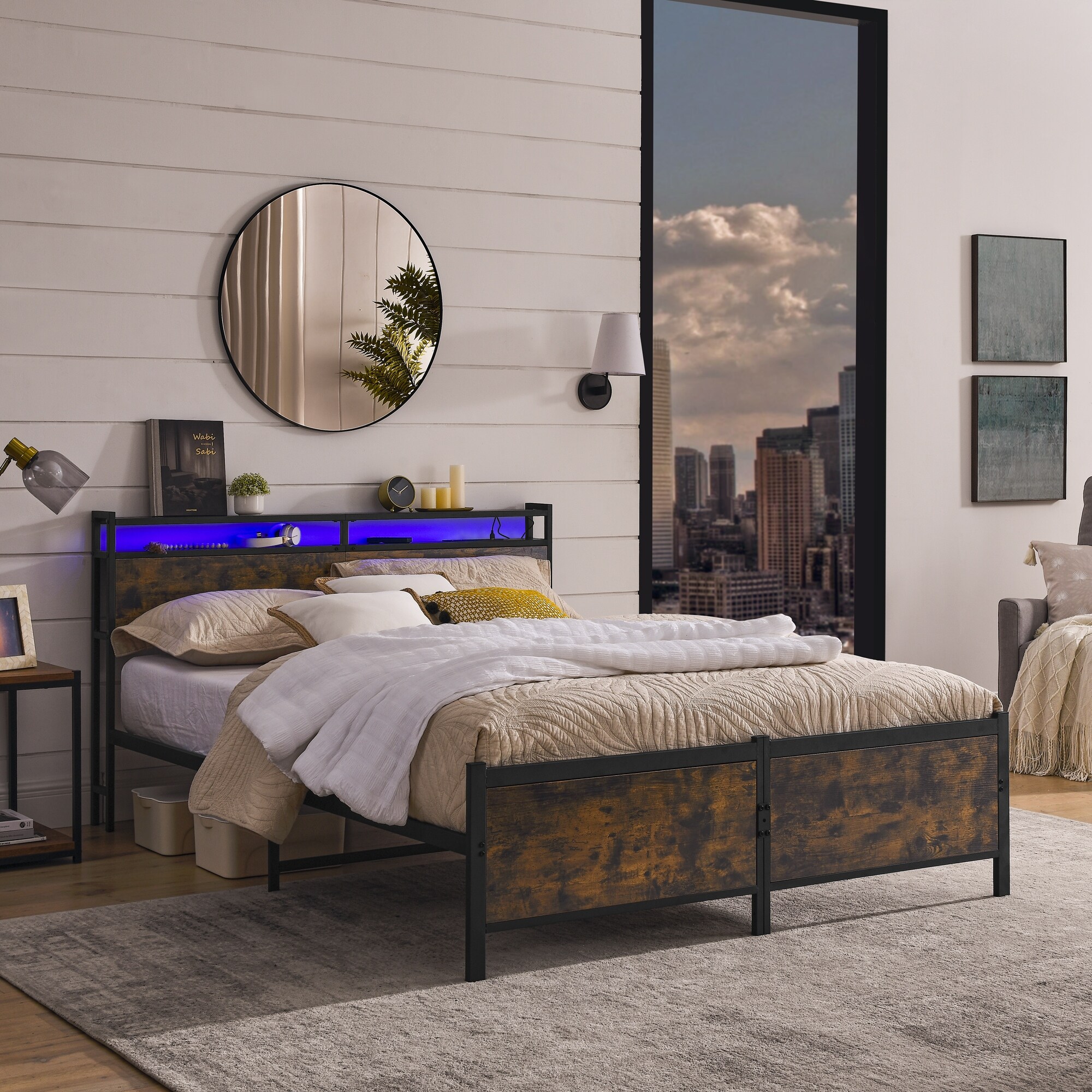 Simple Stylish Square Tube Queen Iron Bed Frame with Ambient Light Design Headboard Shelves Vintage Footboard Bed USB Charging