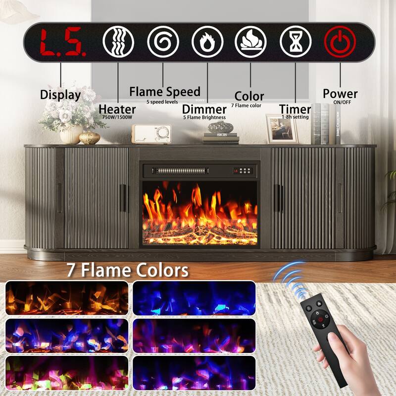 BOSSIN 70" Electric Fireplace TV Stand with Fluted Design, Curved Edges, 7 Flame Colors & 8H Timer, Holds Up to 80" TV, Black