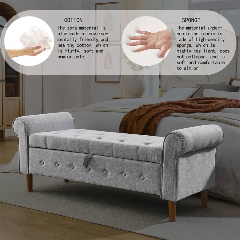 62" Bedroom Tufted Button Storage Bench, Linen Upholstered Ottoman
