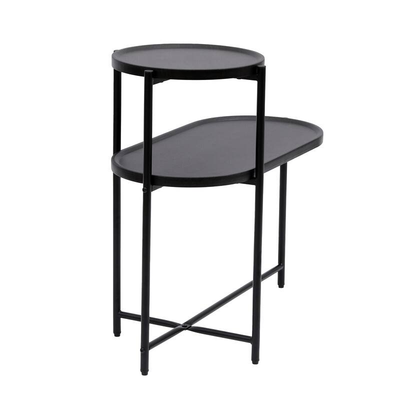 Round Coffee Table with Storage Tray 2 Tier Oval End Tables Wooden Small Side Table for Living Room