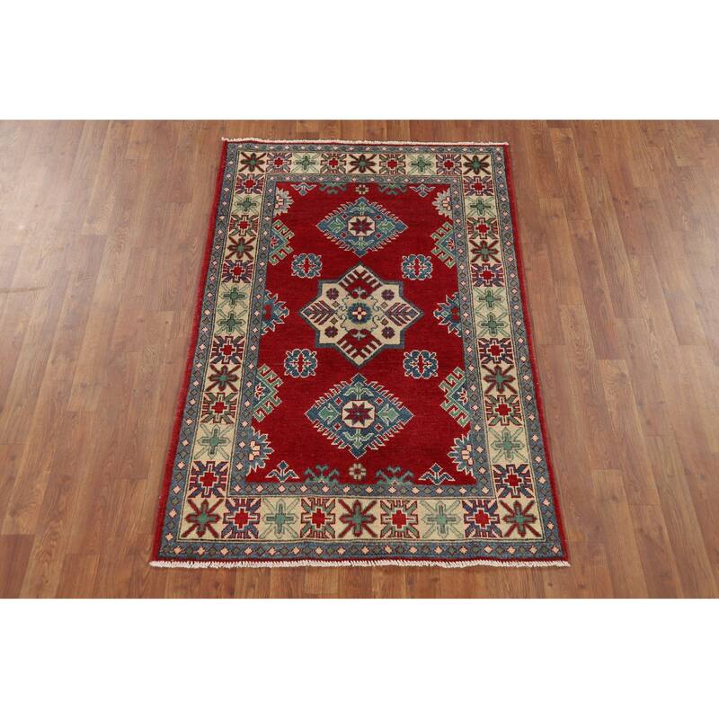 Red Kazak Oriental Accent Rug Hand-Knotted Geometric Wool Carpet - 3'4" x 4'11"