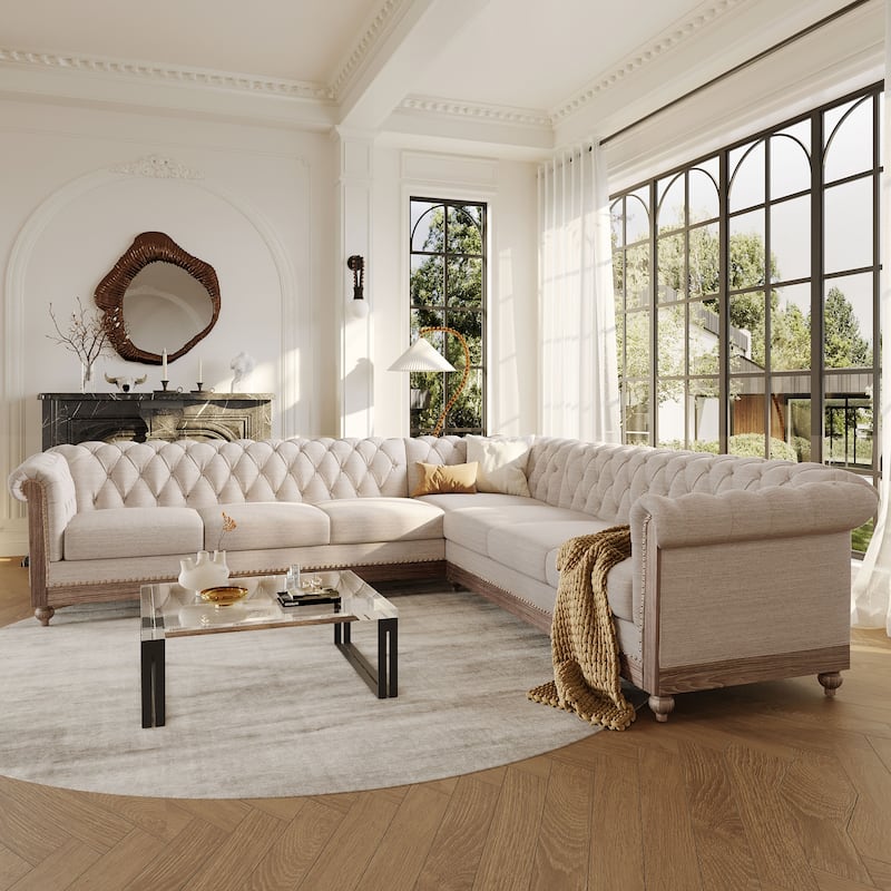 Castalia Chesterfield Tufted 7-seat Sectional Sofa by Christopher Knight Home - 114.00" L x 70.00" W x 31.50" H