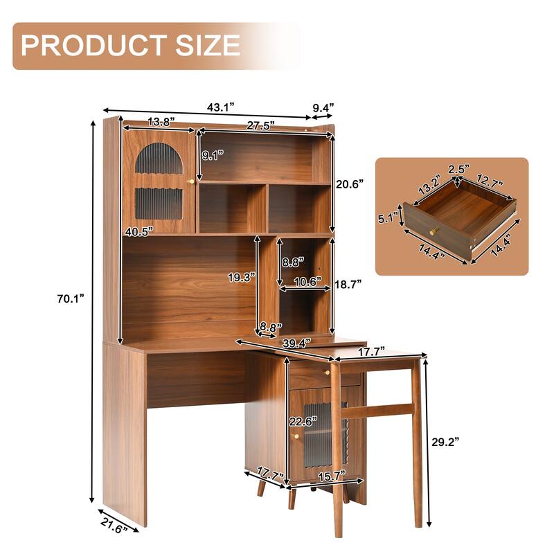 Computer Desk with 90 Rotating Side Table, Storage Drawer, Cabinets and Open Shelves for Home Office Study