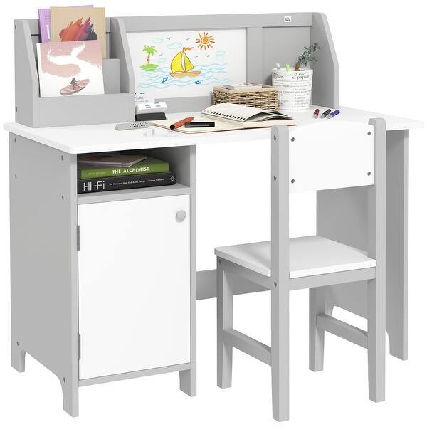 slide 2 of 10, Desk and Chair Set, Kids Writing Desk Study Table for Children with Whiteboard, Storage Cabinet, Child Furniture Gray