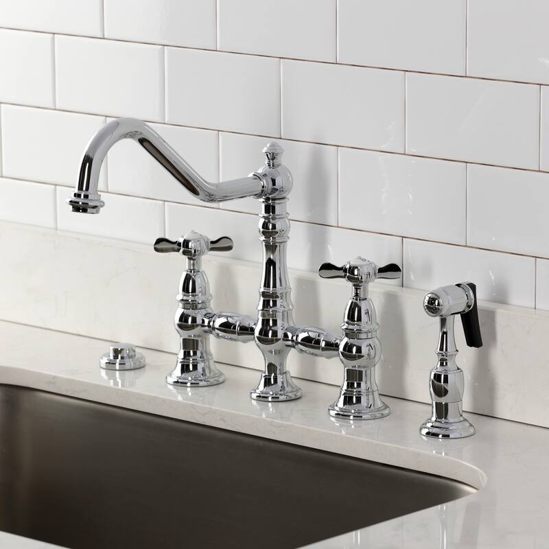 Kingston Brass Essex Two-Handle 4-Hole Deck Mount Bridge Kitchen Faucet with Brass Side Sprayer