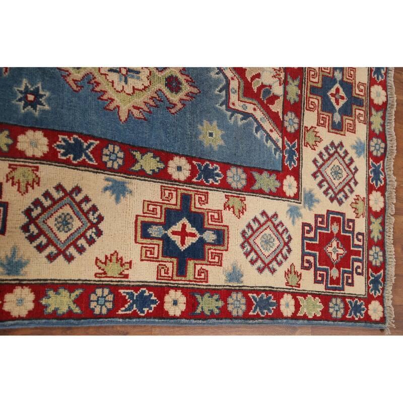 Hand Knotted Oriental 100% Wool Carpet Traditional Geometric Navy Blue & Blues Kazak Area Rug - 9' 10'' X 6' 8''
