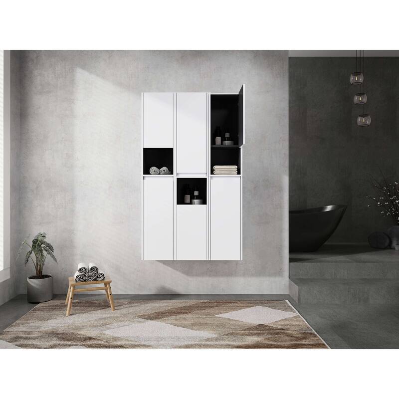 Modern Wall-Mounted Bathroom Side Cabinet with Soft-Close Doors, Floating Design, 6 Storage Compartments, 12-Inch Width