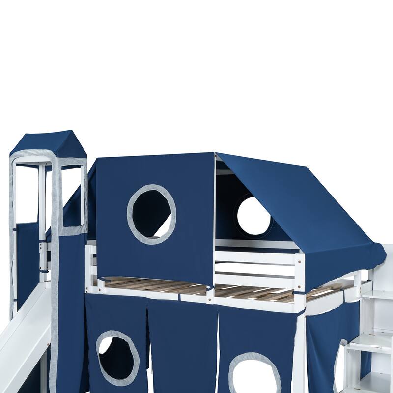 Roomfitters Full Size Loft Bed with Slide, Tent Canopy and Tower, Multi-Functional Sleep Space