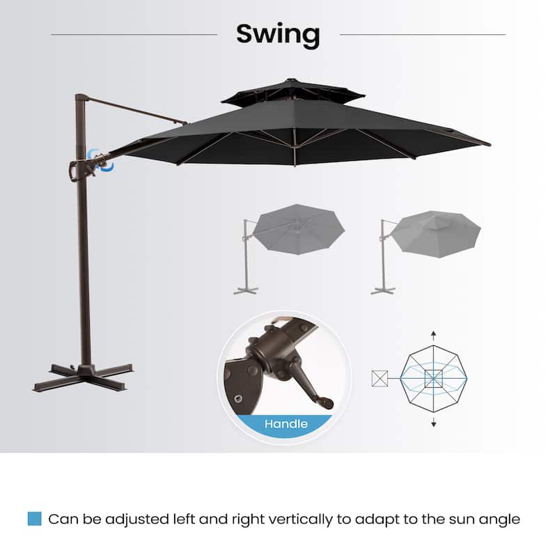 11 ft Outdoor Aluminum Dual Top Solar Powered LED Lighted Patio Cantilever Umbrella and Weighted Base