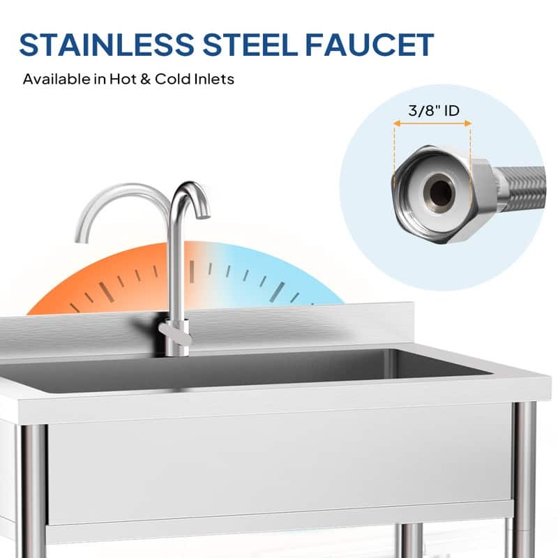 35.4 In. Freestanding Stainless Steel Large Single Basin Utility Sink With Shelve