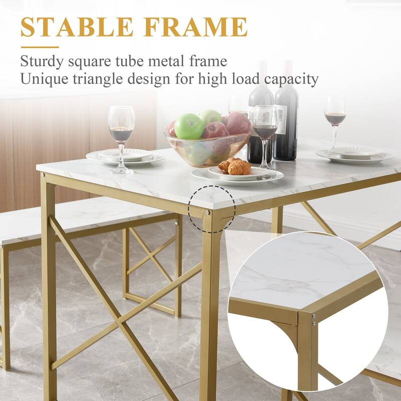 44.3" Dining Table with Benches Kitchen Table set for 4 Rectangular Dining Room Table Set with 2 Metal Wood Benches
