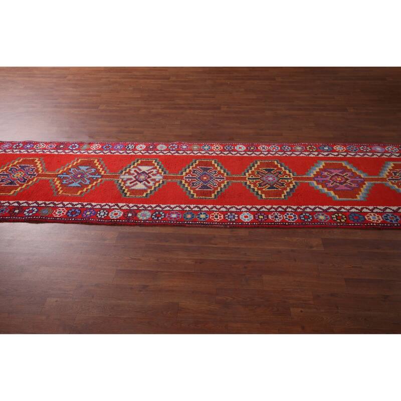 Red Geometric Anatolian Turkish Runner Rug Handmade Silk Carpet - 2'9"x 12'11"