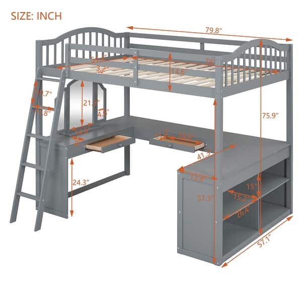 dimension image slide 1 of 2, Full Wooden Loft Bed w/ U-shaped Desk, Storage & Tri-fold Mirror
