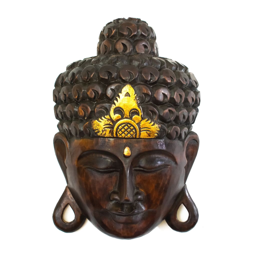 Wooden Wall Mask Serene Buddha Head Statue Hand Carved Sculpture Handmade Figurine Gift Home Decor Accent Handcrafted
