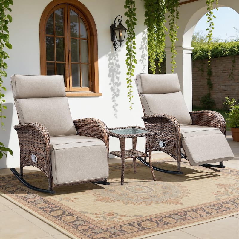 Meyreso Wicker Rocking Reclining Chaise Lounge with Adjustable Backrest & Footrest - Beige/3-Piece