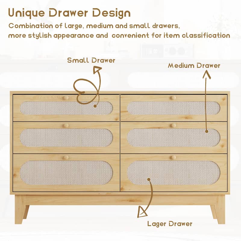 6-Drawer Rattan Dresser with Power Outlet, Wooden Chest of Drawers