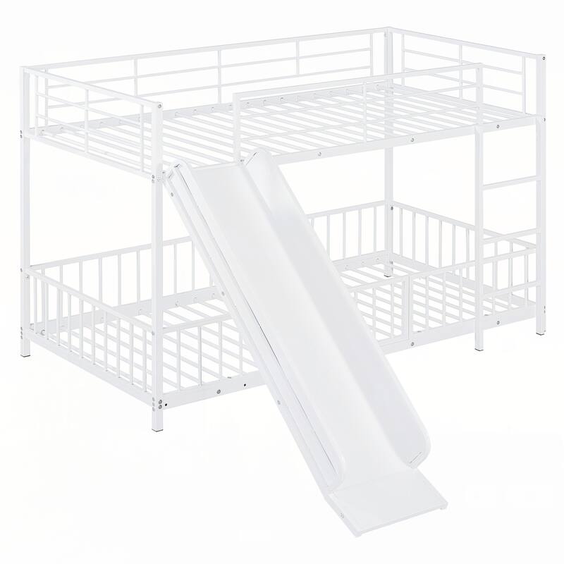 Twin over Twin Size Metal Bunk Bed with Slide and Guardrails
